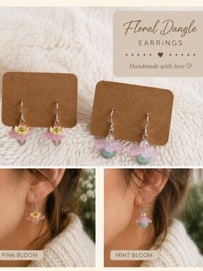 Flower Fairy Dangle Earrings | Pink Blossom & Crystal Bead | Cottagecore